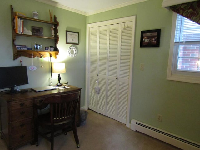 carpeted office space featuring crown molding, a wealth of natural light, and a baseboard heating unit