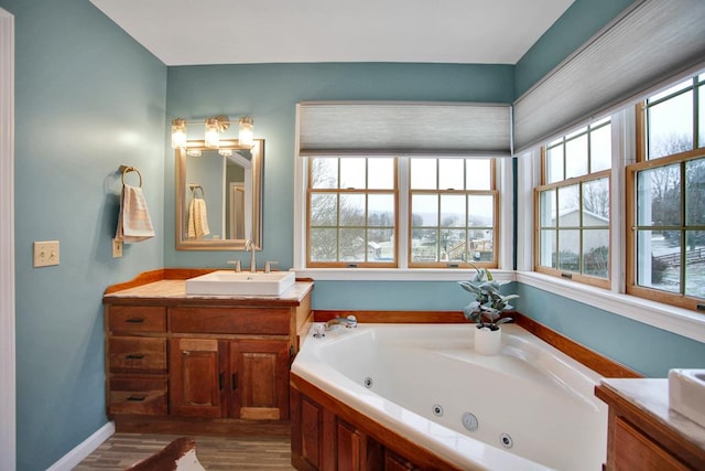 bathroom with vanity, a tub to relax in, and wood-type flooring