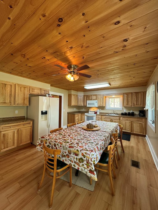 dining space with light wood-type flooring, ceiling fan, wooden ceiling, and sink