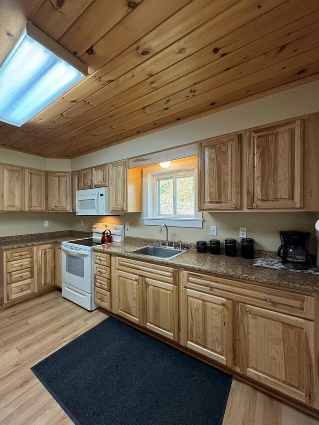 kitchen with sink, wooden ceiling, white appliances, and light hardwood / wood-style flooring