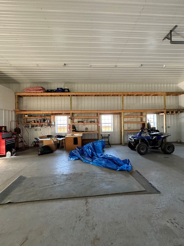 garage with a workshop area