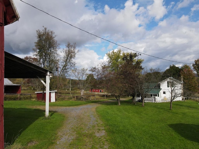 view of yard featuring a storage shed