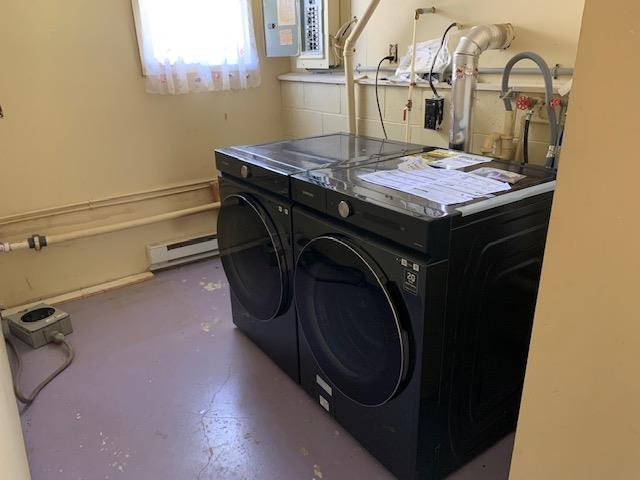 washroom with independent washer and dryer, electric panel, and a baseboard heating unit