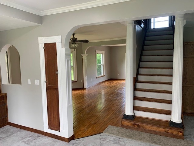 staircase featuring hardwood / wood-style floors, ceiling fan, crown molding, and a healthy amount of sunlight