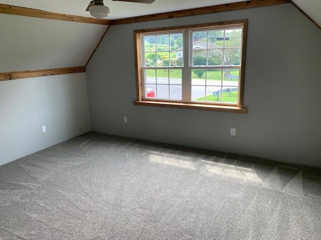 bonus room with ceiling fan, carpet floors, and lofted ceiling