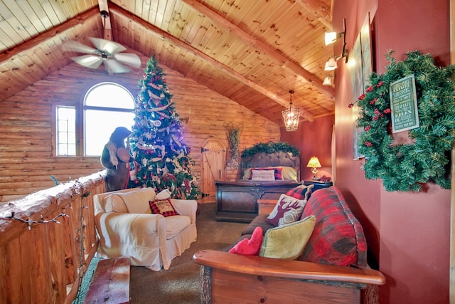 interior space featuring carpet, rustic walls, ceiling fan with notable chandelier, wooden ceiling, and vaulted ceiling with beams