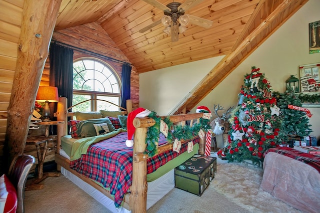 bedroom featuring vaulted ceiling with beams, ceiling fan, wood ceiling, and carpet