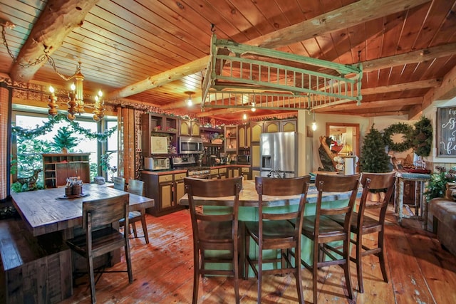 dining area featuring beamed ceiling, a notable chandelier, wood-type flooring, and wood ceiling