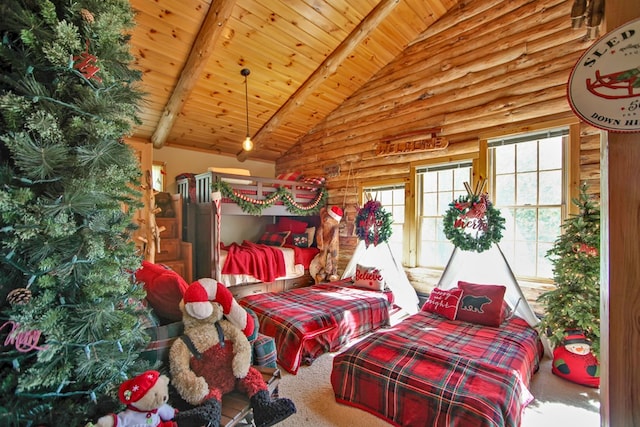 carpeted bedroom with beam ceiling, wooden ceiling, rustic walls, and high vaulted ceiling