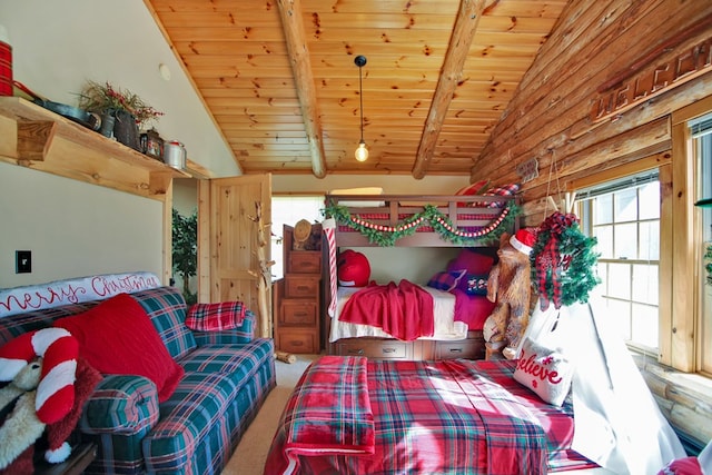 carpeted bedroom with beamed ceiling, wooden ceiling, and high vaulted ceiling