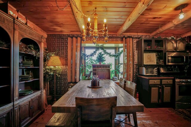 dining area with beam ceiling, a notable chandelier, and wood ceiling