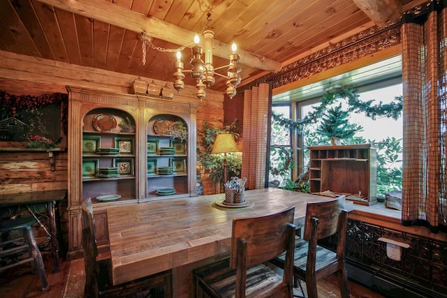 dining area featuring beam ceiling, wood ceiling, and a chandelier