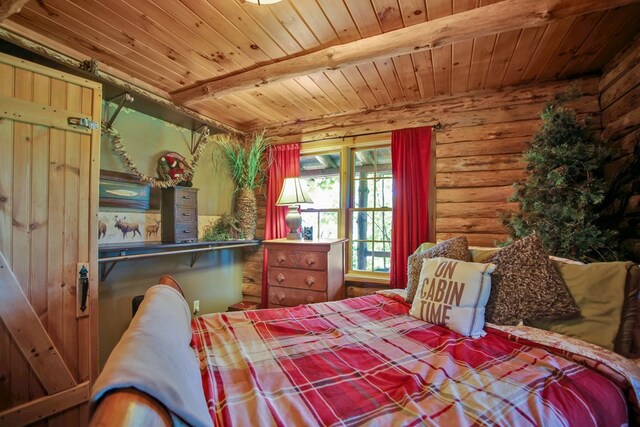 bedroom featuring log walls, beam ceiling, and wooden ceiling