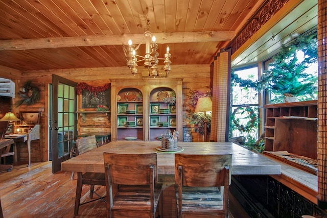 dining area featuring beam ceiling, wooden ceiling, and a notable chandelier