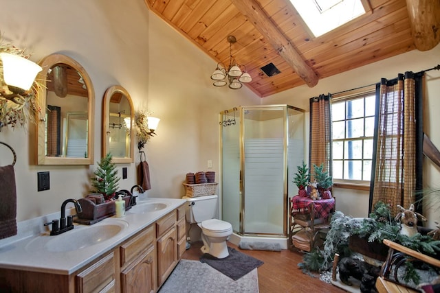 bathroom featuring lofted ceiling with skylight, hardwood / wood-style flooring, wooden ceiling, toilet, and a shower with shower door