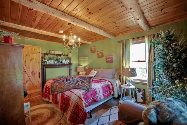 bedroom with hardwood / wood-style flooring, beam ceiling, wooden ceiling, and an inviting chandelier