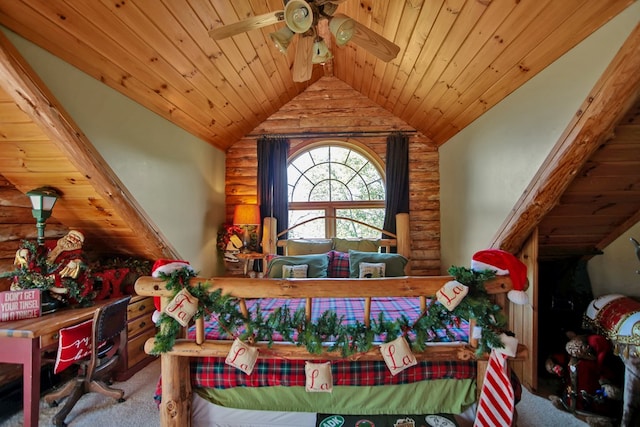 details featuring carpet flooring, ceiling fan, log walls, and wooden ceiling