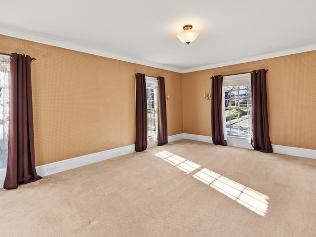 empty room with light colored carpet and ornamental molding