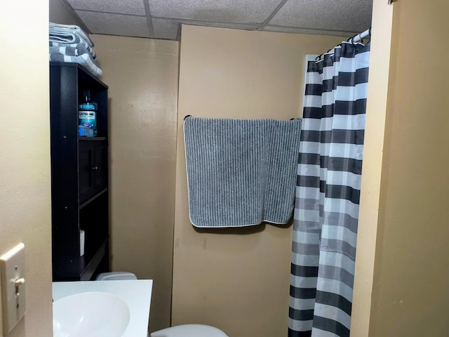 2826 Austinville Rd, Troy, PA 16947 - bathroom with a paneled ceiling, toilet, a shower with curtain, and vanity