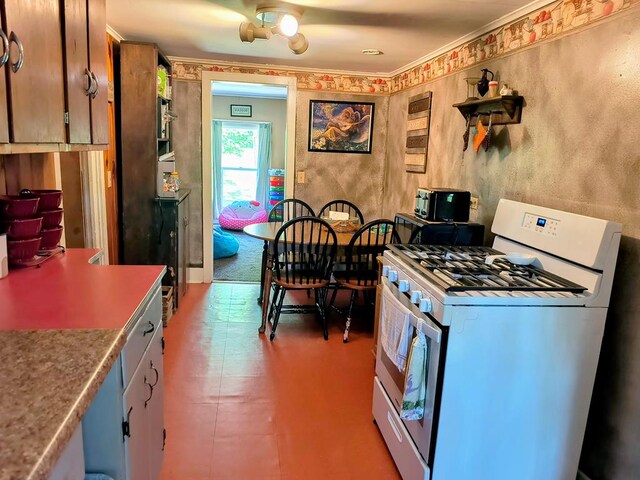 2826 Austinville Rd, Troy, PA 16947 - kitchen featuring white range with gas stovetop, ornamental molding, and light countertops