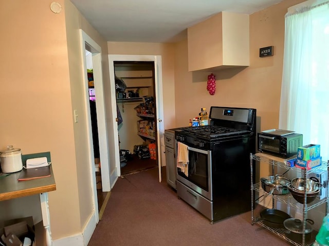 2826 Austinville Rd, Troy, PA 16947 - kitchen with stainless steel gas stove, carpet, and baseboards