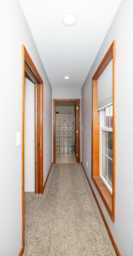 hallway featuring carpet and baseboards