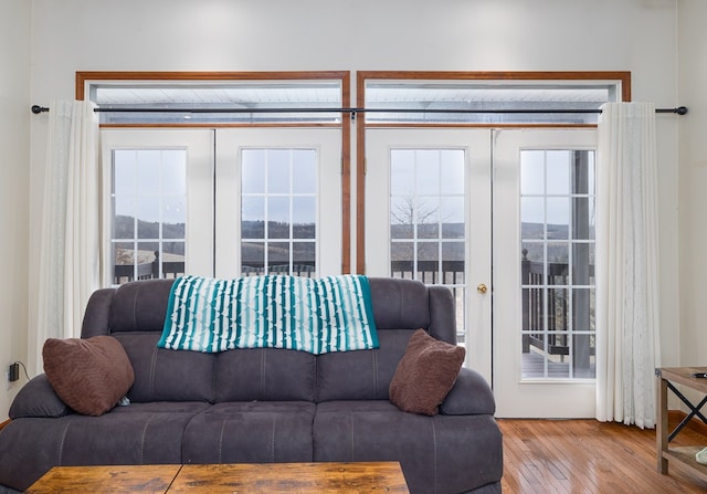 living room featuring french doors, plenty of natural light, and hardwood / wood-style flooring