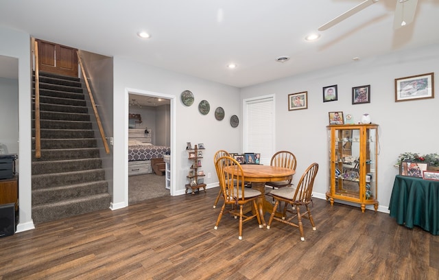 dining room featuring stairs, recessed lighting, wood finished floors, and ceiling fan