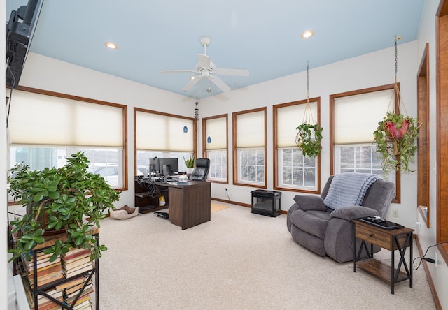 office space featuring light carpet, recessed lighting, and a healthy amount of sunlight