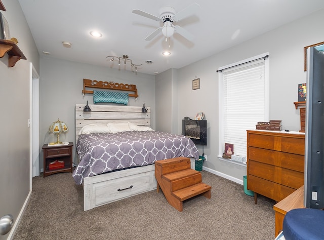 carpeted bedroom with recessed lighting, a ceiling fan, and baseboards