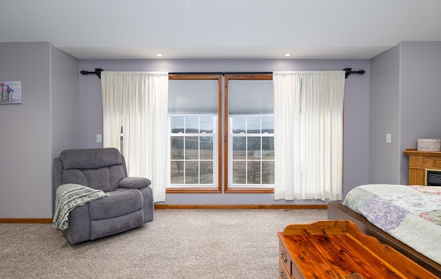 bedroom with recessed lighting, baseboards, and carpet