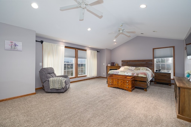 bedroom featuring recessed lighting, baseboards, lofted ceiling, and carpet flooring