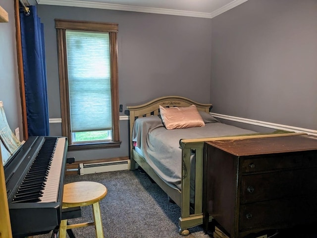 bedroom featuring carpet, crown molding, and a baseboard heating unit