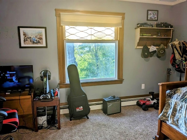 carpeted bedroom with ornamental molding and a baseboard heating unit