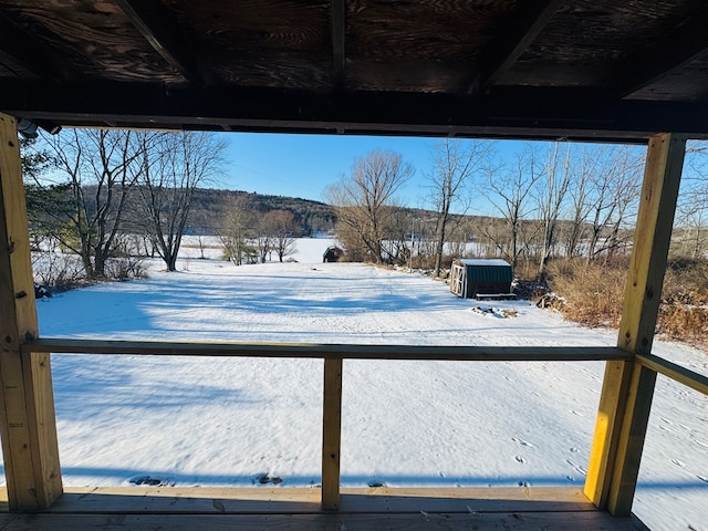 yard layered in snow with a shed