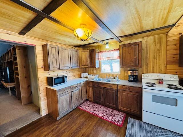 kitchen with white electric stove, dark hardwood / wood-style flooring, wood ceiling, and wood walls