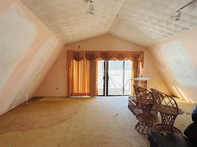 additional living space featuring lofted ceiling and carpet flooring