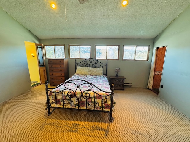 carpeted bedroom featuring vaulted ceiling, a textured ceiling, and baseboard heating