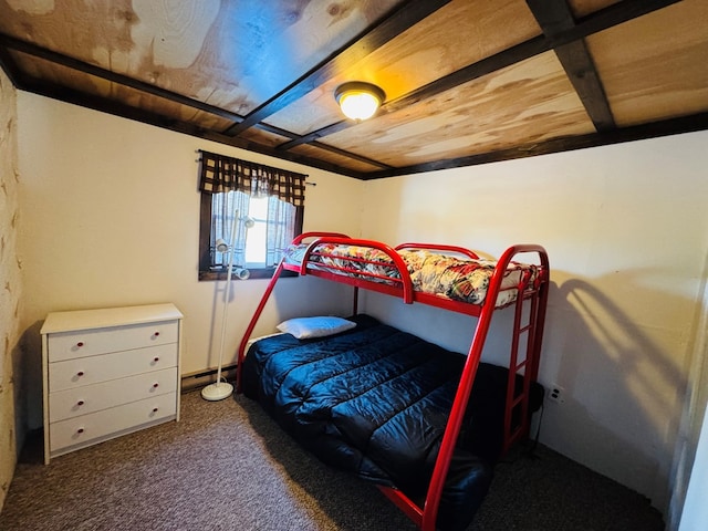 carpeted bedroom featuring wooden ceiling