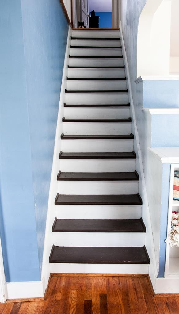 staircase featuring hardwood / wood-style floors