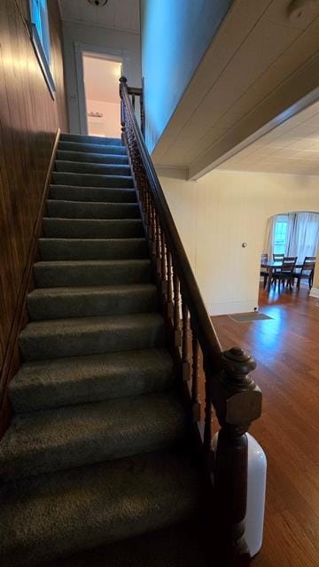 306 Broad St, Port Allegany, PA 16743 - stairs featuring wood finished floors and wood walls
