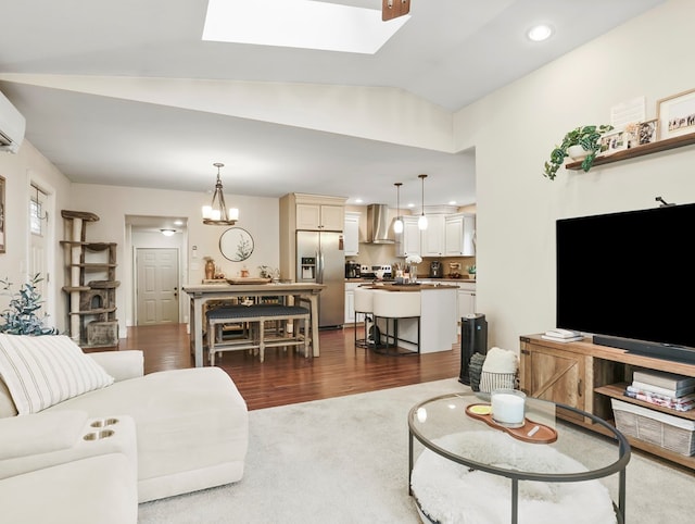 109 Alden St, Sayre, PA 18840 - living room with recessed lighting, dark wood-style floors, vaulted ceiling, and a skylight