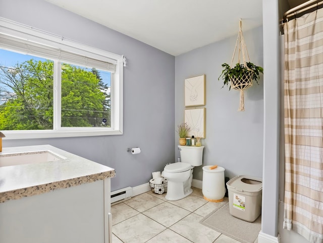 109 Alden St, Sayre, PA 18840 - full bath with a baseboard heating unit, vanity, toilet, tile patterned flooring, and baseboards