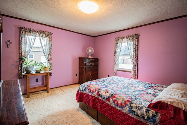 bedroom with light carpet, crown molding, and a textured ceiling