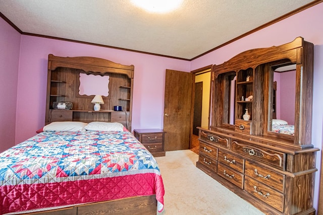 carpeted bedroom with ornamental molding