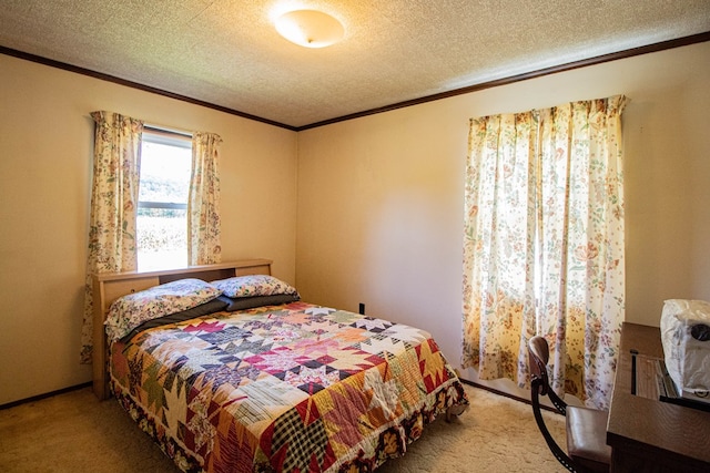 carpeted bedroom with a textured ceiling