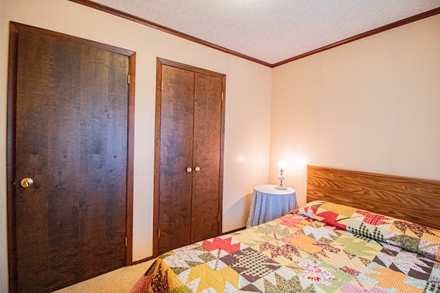 bedroom with a textured ceiling and multiple closets