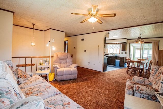 living room featuring ceiling fan, sink, carpet floors, and crown molding