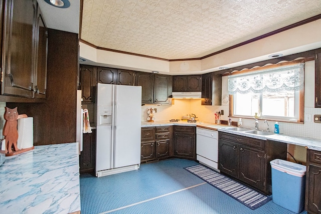 kitchen with dark brown cabinetry, sink, extractor fan, and white appliances