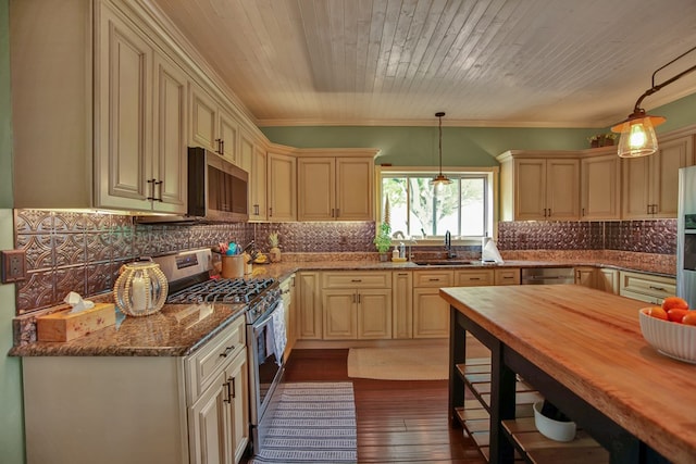 1349 Hills Creek Rd, Wellsboro, PA 16901 - kitchen featuring appliances with stainless steel finishes, butcher block counters, a sink, hanging light fixtures, and backsplash